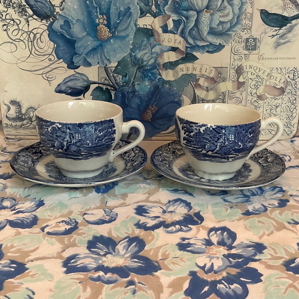 Liberty Blue and White Teacup and Saucer Set of Two